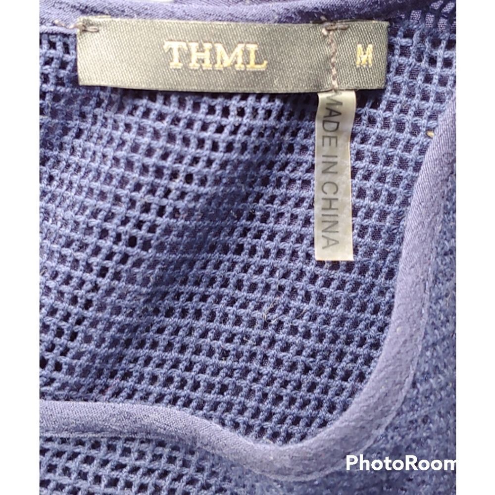 THML by Anthropologie navy blue tassel yoke keyhole back sleeveless sheath dress - Picture 2 of 6